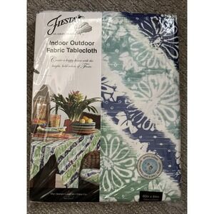 Fiesta Tablecloth 60x84 Oblong Blue Mint Batik Floral Indoor Outdoor Polyester